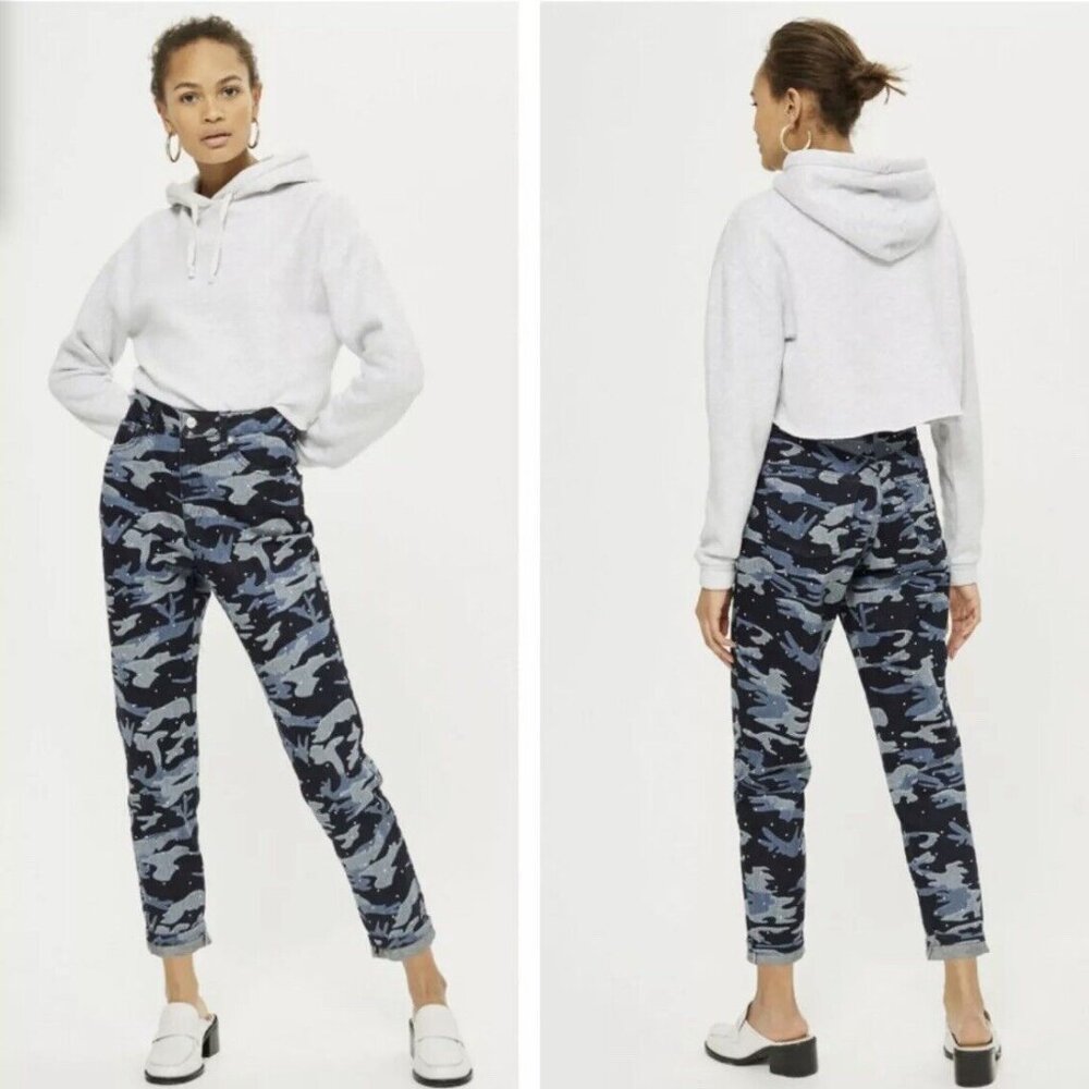 Topshop NEW Moto Mom Jeans High Waisted Jewel Studs Camo Diamante Denim Women's - Picture 5 of 17